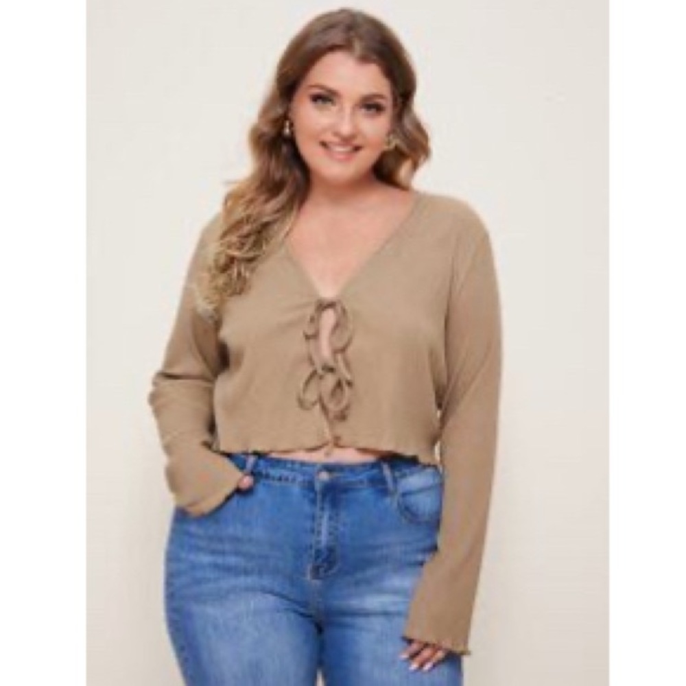 SHEIN Tan Tie-Front Long Sleeve Blouse